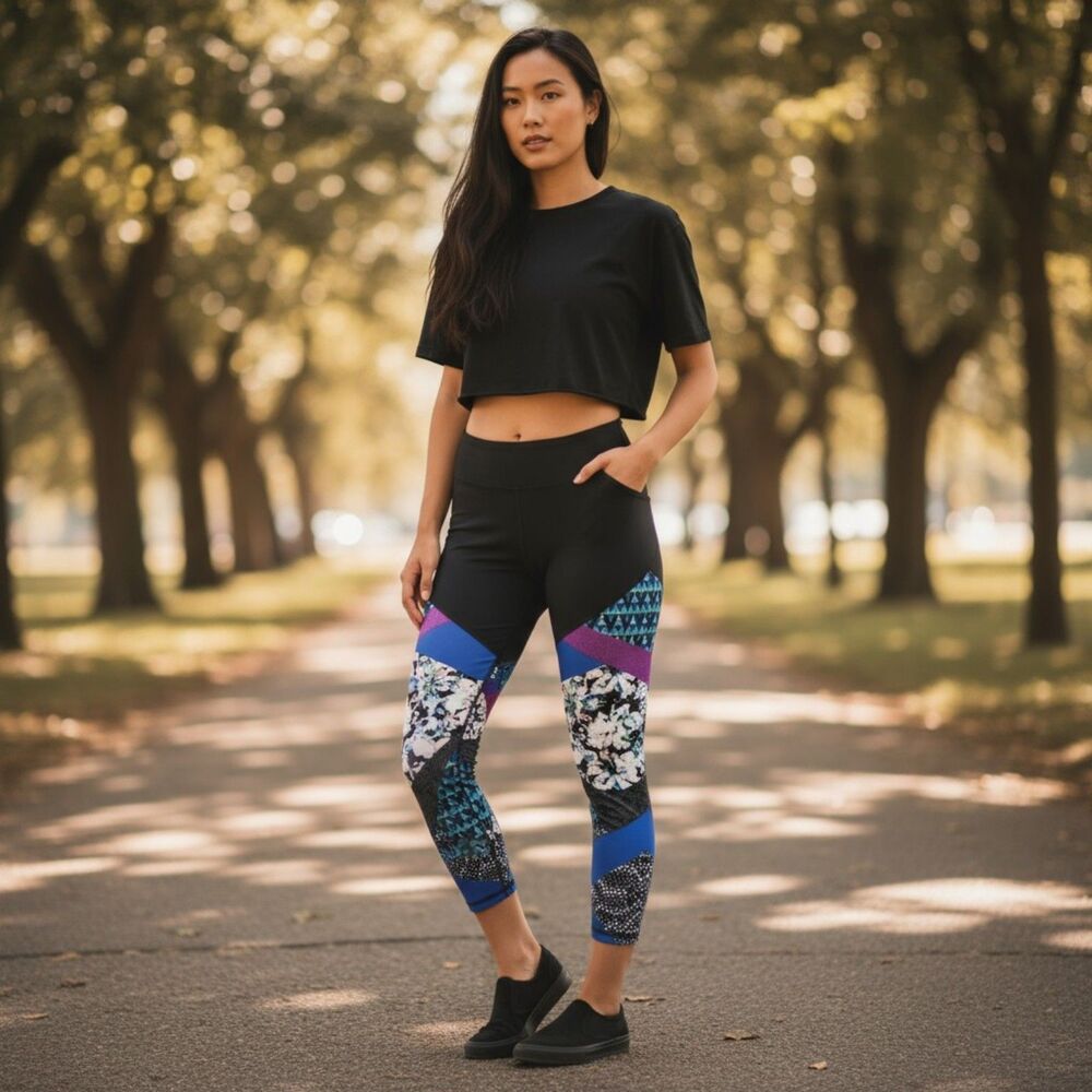 Women's RBX Active Yoga Capri Leggings Size XL Black Blue Floral Geo